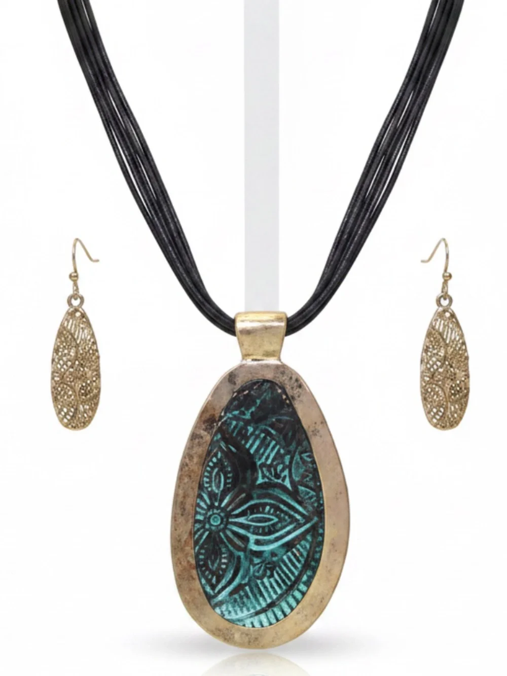 Women Brown Cord Gold Green Pendant Earring Necklace Set